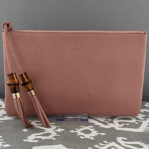 Gucci Dusty Rose Pebbled Calfskin Leather Bamboo Tassel Clutch Bag